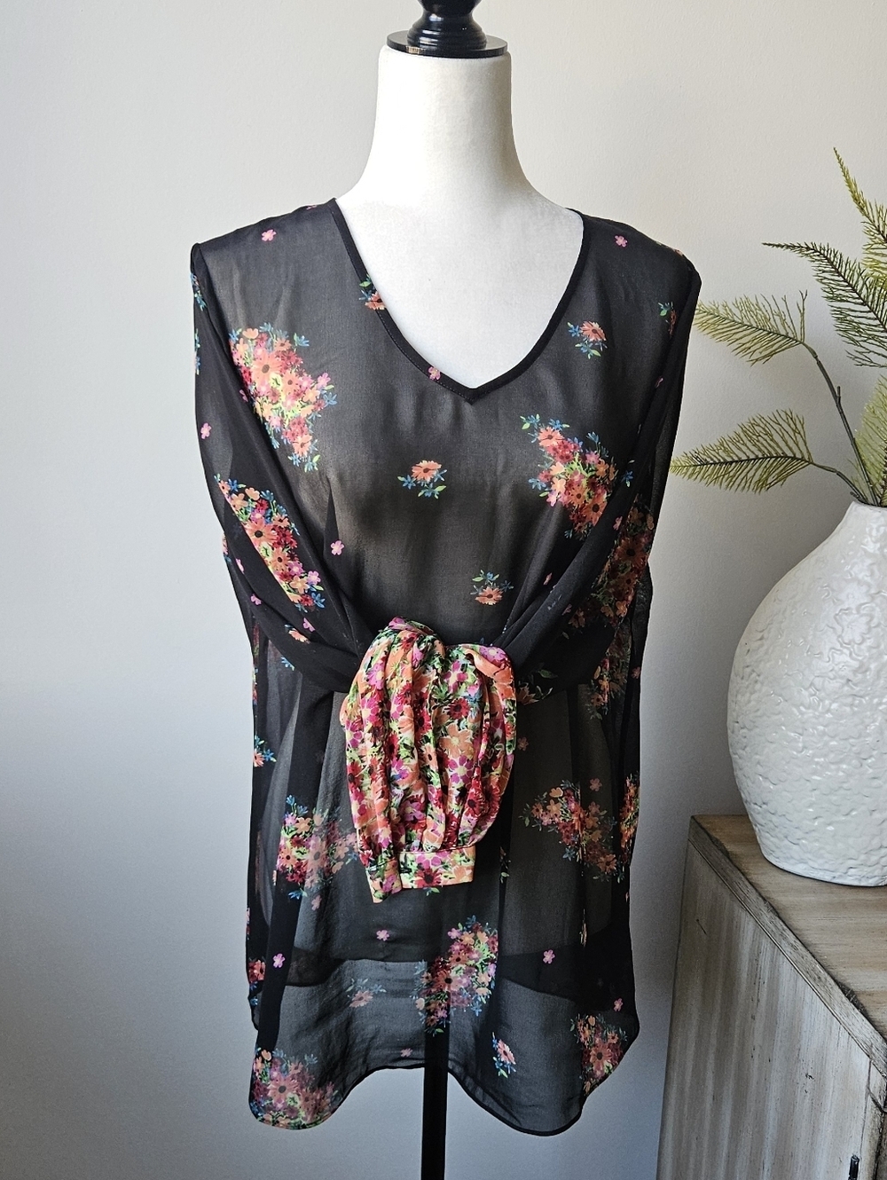 CAbi Black Sheer Floral Tie-Front Blouse